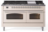 Nostalgie II 60 Inch Dual Fuel Natural Gas Freestanding Range in Antique White with Chrome Trim