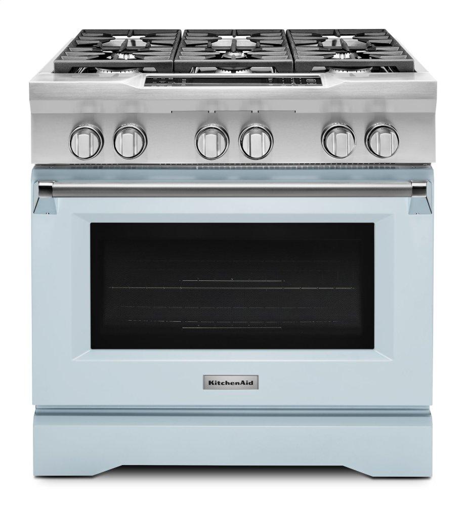 Limited Edition KitchenAid® 36'' 6-Burner Dual Fuel Freestanding Range, Commercial-Style - Misty Blue