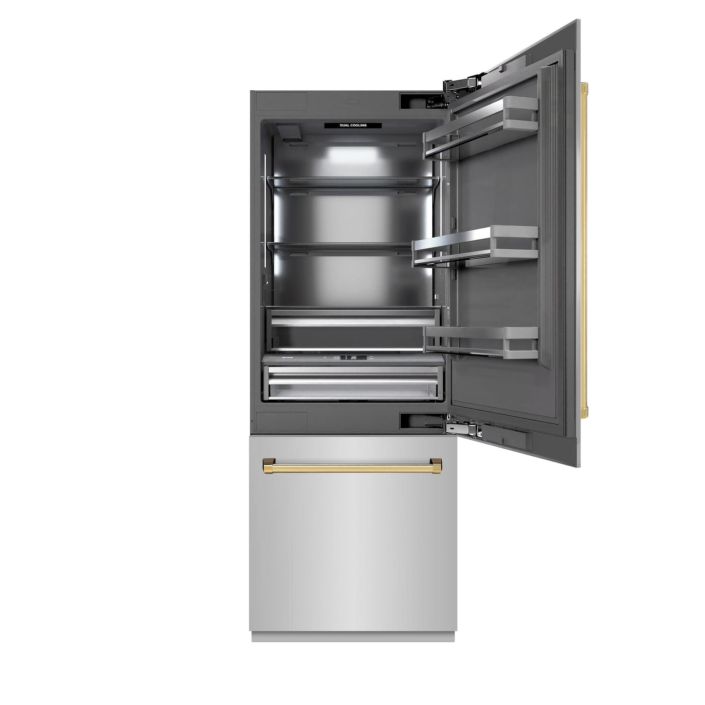 ZLINE Autograph Edition 30 in. 16.1 cu. ft. Built-In Bottom Freezer Refrigerator with Water Dispenser and Ice Maker in Stainless Steel with Graphite Gray Interior and Polished Gold Accents (GRBIVZ-304-30G)