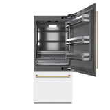 ZLINE Autograph Edition 36 in. 19.8 cu. ft. Built-In Bottom Freezer Refrigerator with Water Dispenser and Ice Maker in White Matte with Graphite Gray Interior and Polished Gold Accents (GRBITZ-WM-36-G)