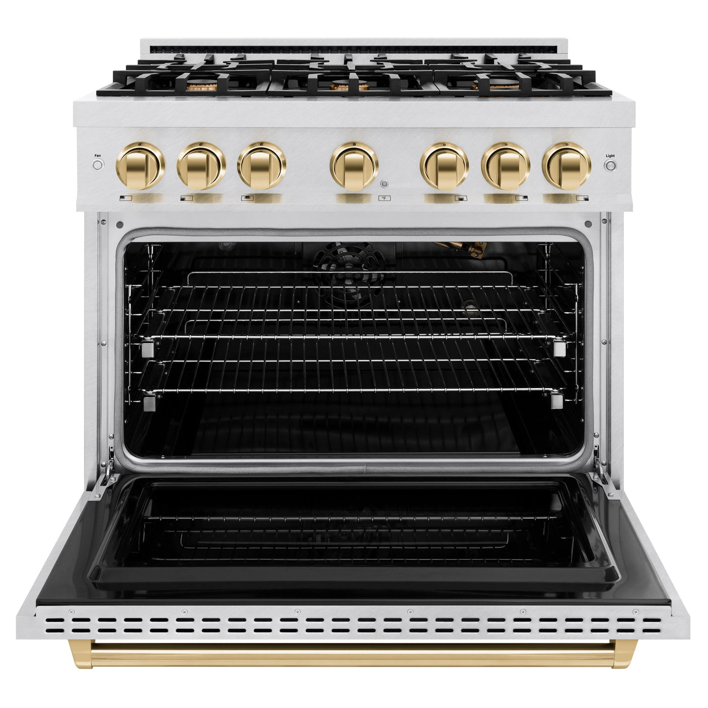 ZLINE Autograph Edition 36 in. 5.2 cu. ft. Classic Gas Range with 6 Burner Cooktop and Convection Gas Oven in DuraSnow' Stainless Steel and Polished Gold Accents (CGRSZ-36-G)