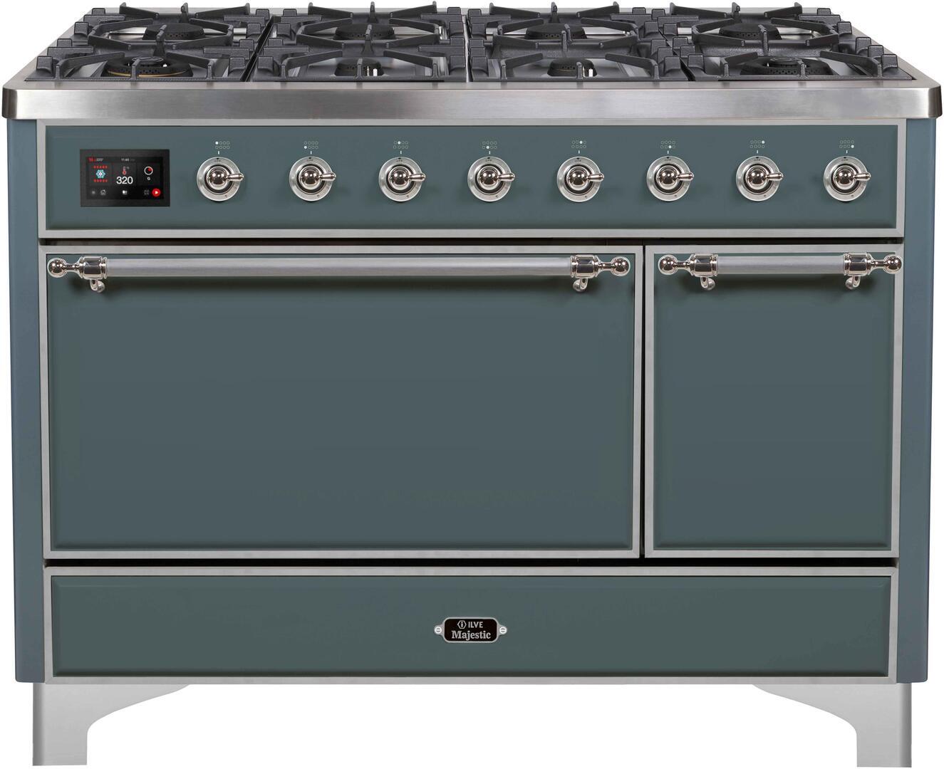 Majestic II 48 Inch Dual Fuel Liquid Propane Freestanding Range in Blue Grey with Chrome Trim