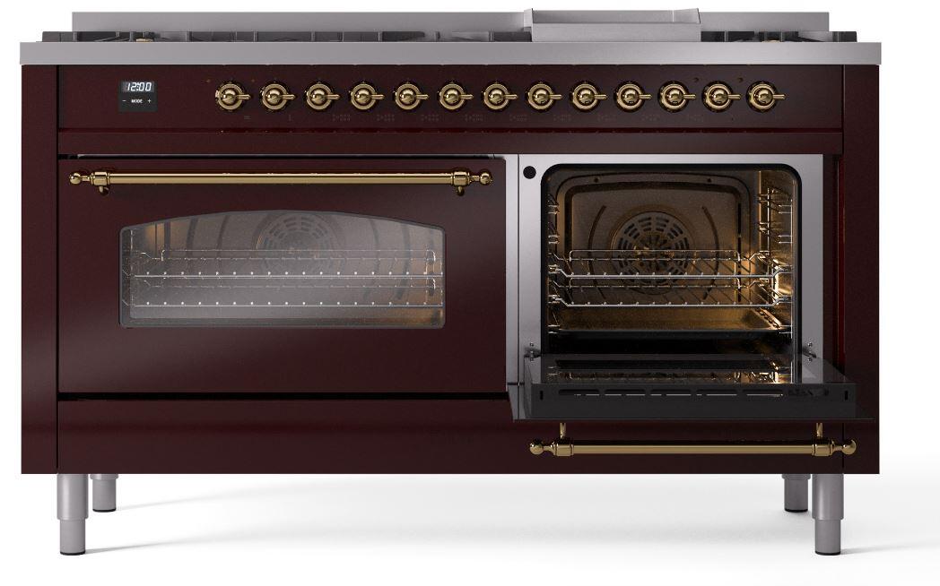 Nostalgie II 60 Inch Dual Fuel Liquid Propane Freestanding Range in Burgundy with Brass Trim