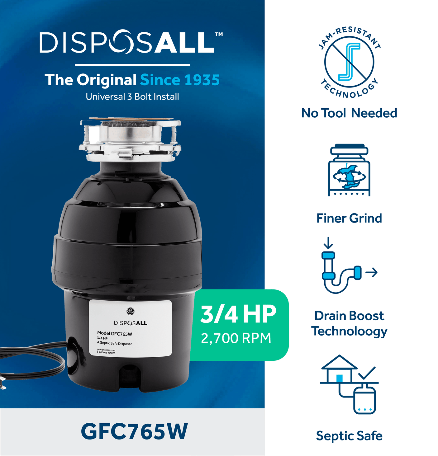 GE DISPOSALL® 3/4 HP Continuous Feed Garbage Disposer - Corded