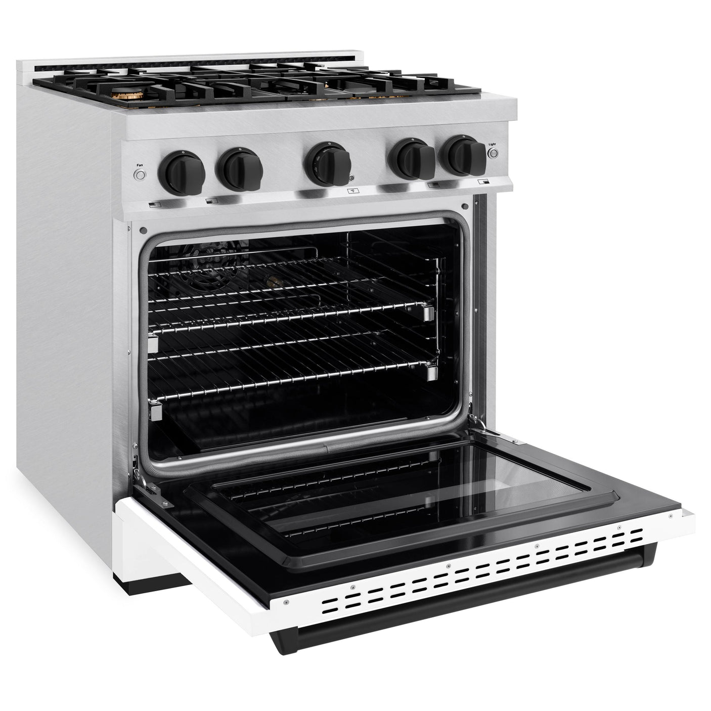 ZLINE Autograph Edition 30 in. 4.2 cu. ft. Classic Dual Fuel Range with 4 Burner Gas Cooktop and Electric Convection Oven in DuraSnow' Stainless Steel with White Matte Door and Matte Black Accents (CDRSZ-WM-30-MB)