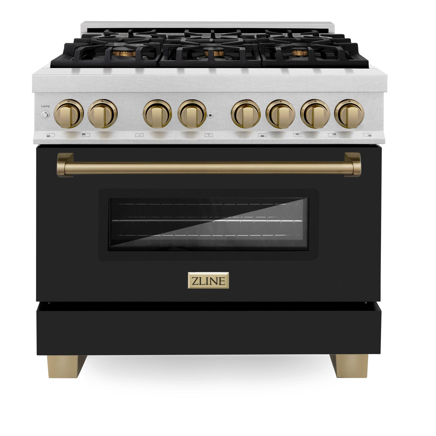 ZLINE Autograph Edition 36 in. 4.6 cu. ft. Dual Fuel Range with Gas Stove and Electric Oven in Fingerprint Resistant DuraSnow' Stainless Steel with Black Matte Door and Polished Gold Accents (RASZ-BLM-36-G)