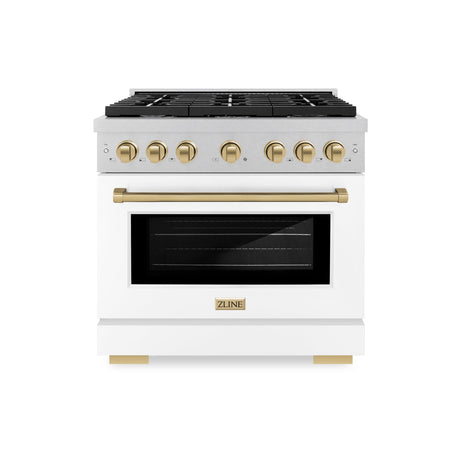 ZLINE Autograph Edition 36 in. 5.2 cu. ft. Paramount Dual Fuel Range with 6 Burner Gas Cooktop and Electric Convection Oven in DuraSnow' Stainless Steel with White Matte Door and Champagne Bronze Accents (SDRSZ-WM-36-CB)