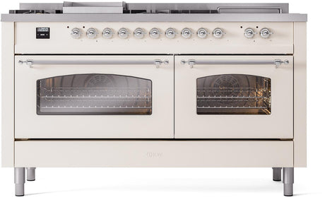 Nostalgie II 60 Inch Dual Fuel Liquid Propane Freestanding Range in Antique White with Chrome Trim