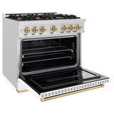 ZLINE Autograph Edition 36 in. 5.2 cu. ft. Classic Dual Fuel Range with 6 Burner Gas Cooktop and Electric Convection Oven in DuraSnow' Stainless Steel with White Matte Door and Champagne Bronze Accents (CDRSZ-WM-36-CB)