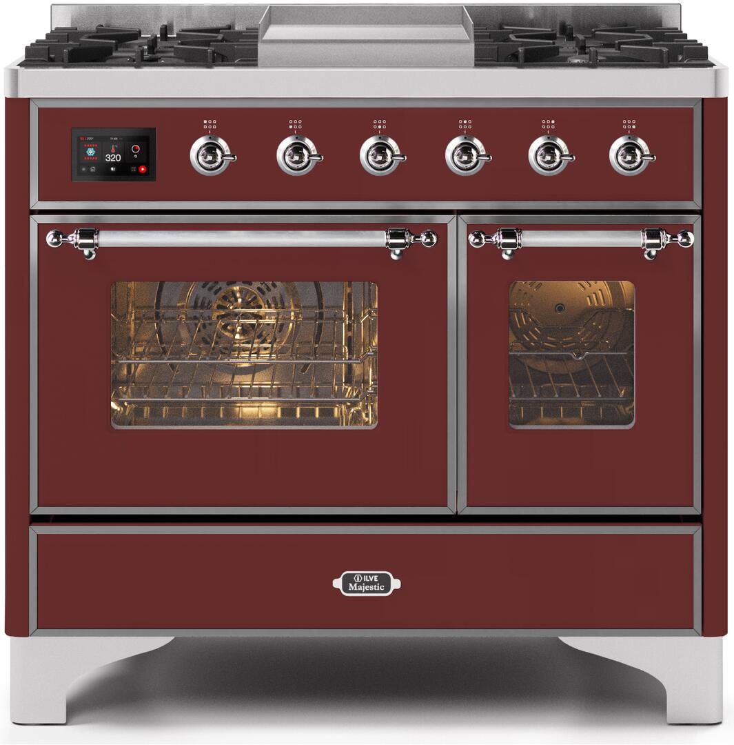 Majestic II 40 Inch Dual Fuel Natural Gas Freestanding Range in Burgundy with Chrome Trim