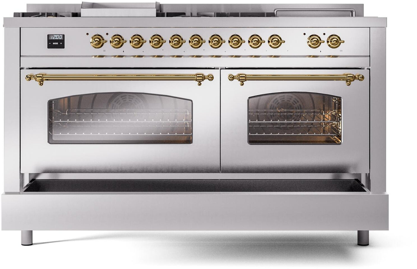 Nostalgie II 60 Inch Dual Fuel Natural Gas Freestanding Range in Stainless Steel with Brass Trim