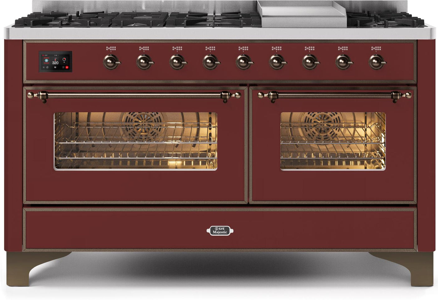 Majestic II 60 Inch Dual Fuel Natural Gas Freestanding Range in Burgundy with Bronze Trim