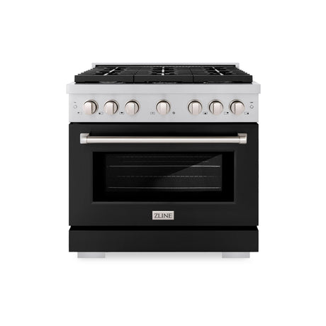 ZLINE 36 in. 5.2 cu. ft. Paramount Dual Fuel Range with 6 Burner Gas Cooktop and Electric Convection Oven in Stainless Steel with Black Matte Door (SDR-BLM-36)