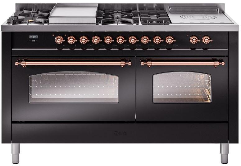 Nostalgie II 60 Inch Dual Fuel Natural Gas Freestanding Range in Glossy Black with Copper Trim