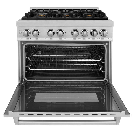 ZLINE 36 in. Professional Dual Fuel Range in DuraSnow Stainless Steel with Color Door Finishes (RAS-SN-36) [Color: DuraSnow Stainless Steel with Brass Burners]