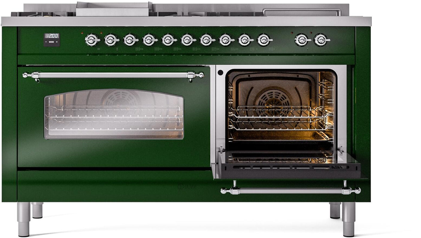 Nostalgie II 60 Inch Dual Fuel Liquid Propane Freestanding Range in Emerald Green with Chrome Trim