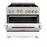 ZLINE 36" 4.6 cu. ft. Range with Gas Stove and Gas Oven in DuraSnow® Stainless Steel with White Matte Door and Accents (RGSZ-WM-36) [Accent: Champagne Bronze]