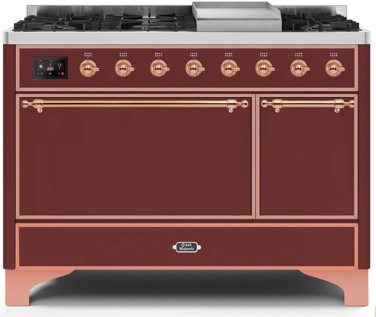 Majestic II 48 Inch Dual Fuel Natural Gas Freestanding Range in Burgundy with Copper Trim