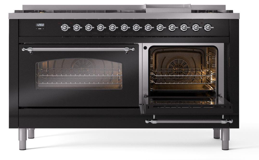 Nostalgie II 60 Inch Dual Fuel Liquid Propane Freestanding Range in Glossy Black with Chrome Trim