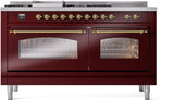 Nostalgie II 60 Inch Dual Fuel Natural Gas Freestanding Range in Burgundy with Brass Trim