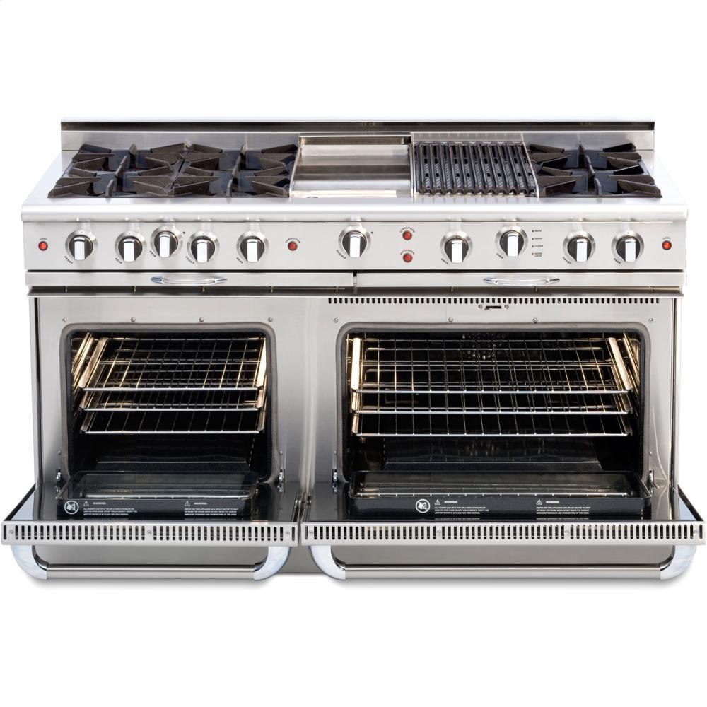 60" Gas Self Clean w/ Rotisserie, 6 Open Burners, 24" Thermo-Griddle