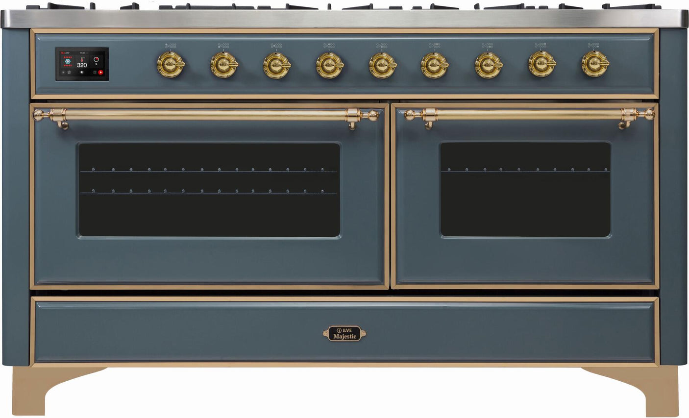 Majestic II 60 Inch Dual Fuel Natural Gas Freestanding Range in Blue Grey with Brass Trim