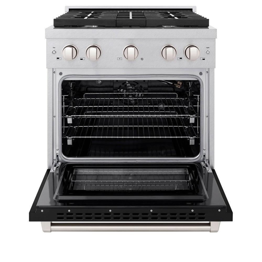 ZLINE 30 in. 4.2 cu. ft. Paramount Dual Fuel Range with 4 Burner Gas Cooktop and Electric Convection Oven in DuraSnow' Stainless Steel with Black Matte Door (SDRS-BLM-30)