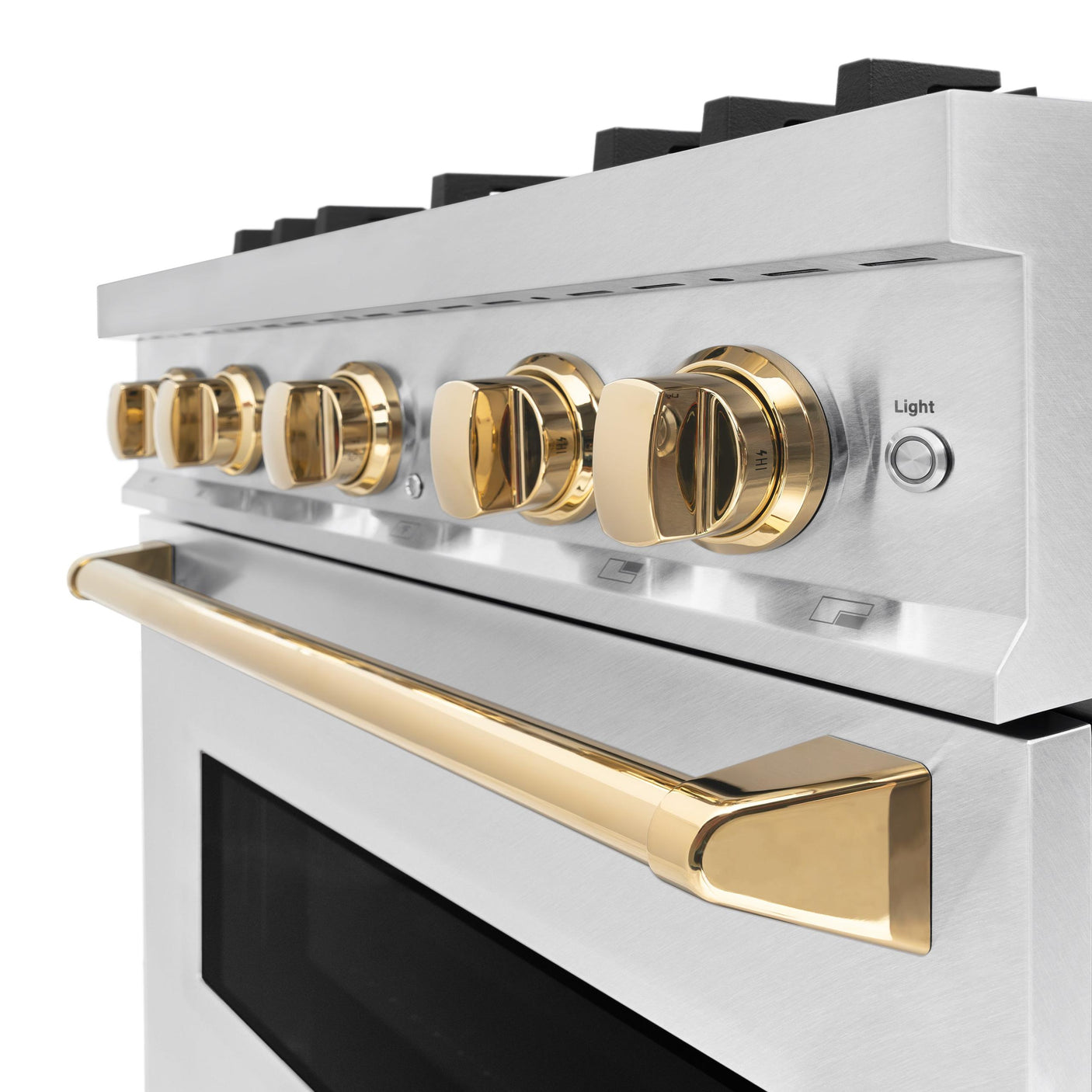 ZLINE Autograph Edition 30 in. 4.2 cu. ft. Classic Gas Range with 4 Burner Cooktop and Convection Gas Oven in DuraSnow' Stainless Steel and Polished Gold Accents (CGRSZ-30-G)