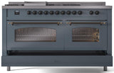 Nostalgie II 60 Inch Dual Fuel Natural Gas Freestanding Range in Blue Grey with Bronze Trim