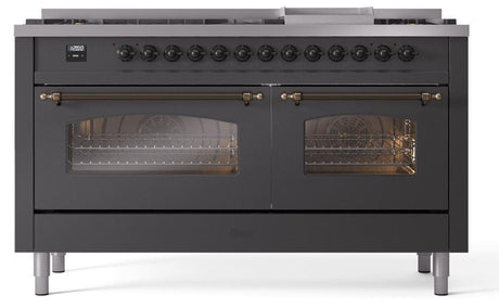 Nostalgie II 60 Inch Dual Fuel Liquid Propane Freestanding Range in Matte Graphite with Bronze Trim