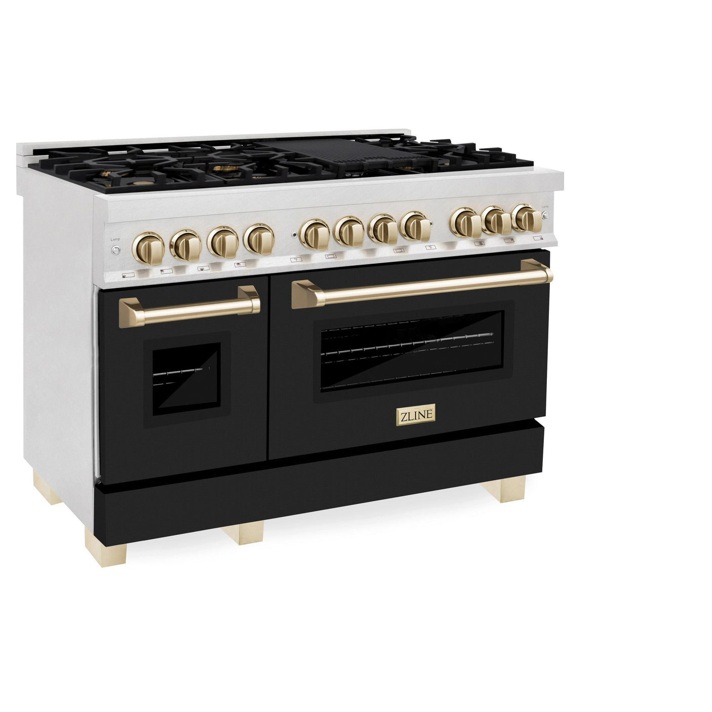 ZLINE Autograph Edition 48 in. 6.0 cu. ft. Dual Fuel Range with Gas Stove and Electric Oven in Fingerprint Resistant Stainless Steel with Black Matte Door and Polished Gold Accents (RASZ-BLM-48-G)