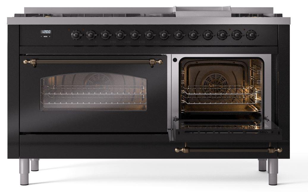 Nostalgie II 60 Inch Dual Fuel Natural Gas Freestanding Range in Glossy Black with Bronze Trim