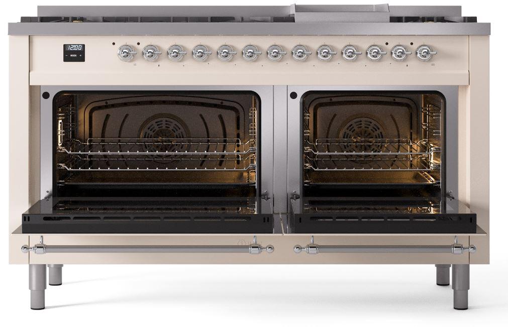 Nostalgie II 60 Inch Dual Fuel Natural Gas Freestanding Range in Antique White with Chrome Trim