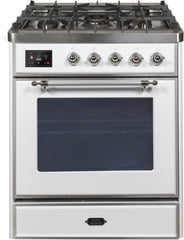 Majestic II 30 Inch Dual Fuel Natural Gas Freestanding Range in White with Chrome Trim