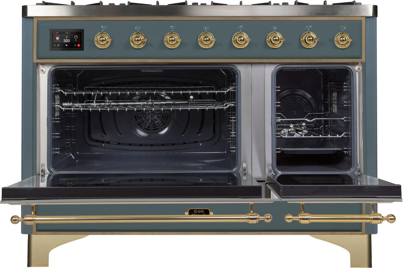 Majestic II 48 Inch Dual Fuel Liquid Propane Freestanding Range in Blue Grey with Brass Trim