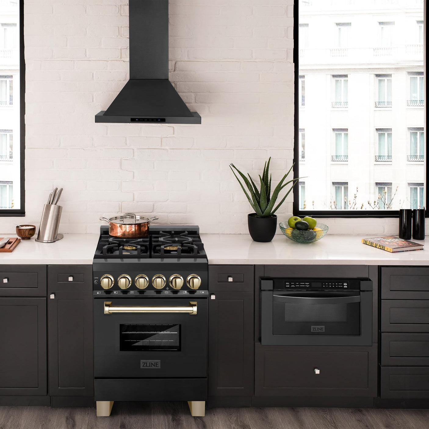 ZLINE Autograph Edition 24" 2.8 cu. ft. Dual Fuel Range with Gas Stove and Electric Oven in Black Stainless Steel with Polished Gold Accents (RABZ-24) [Color: Champagne Bronze Accents]