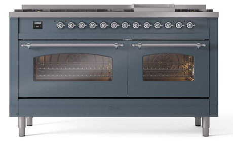 Nostalgie II 60 Inch Dual Fuel Natural Gas Freestanding Range in Blue Grey with Chrome Trim