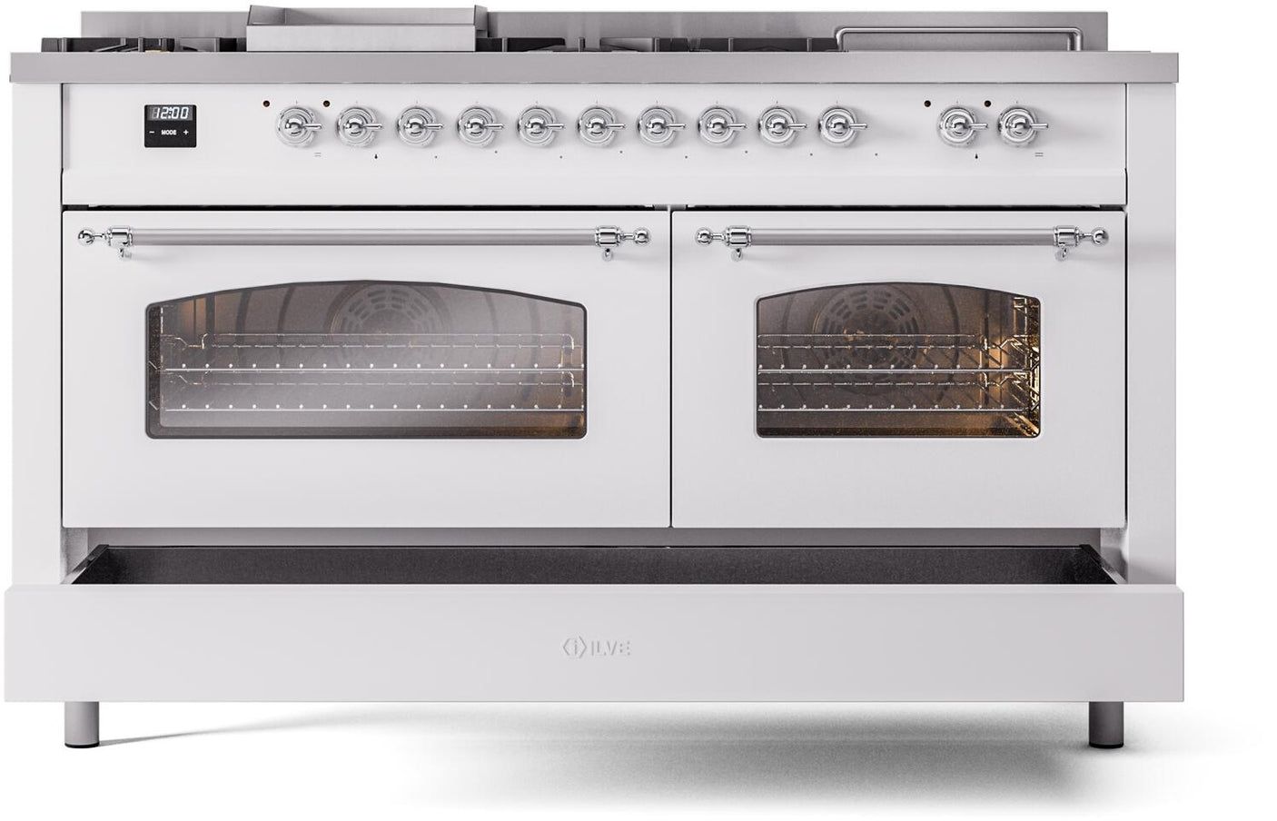 Nostalgie II 60 Inch Dual Fuel Natural Gas Freestanding Range in White with Chrome Trim