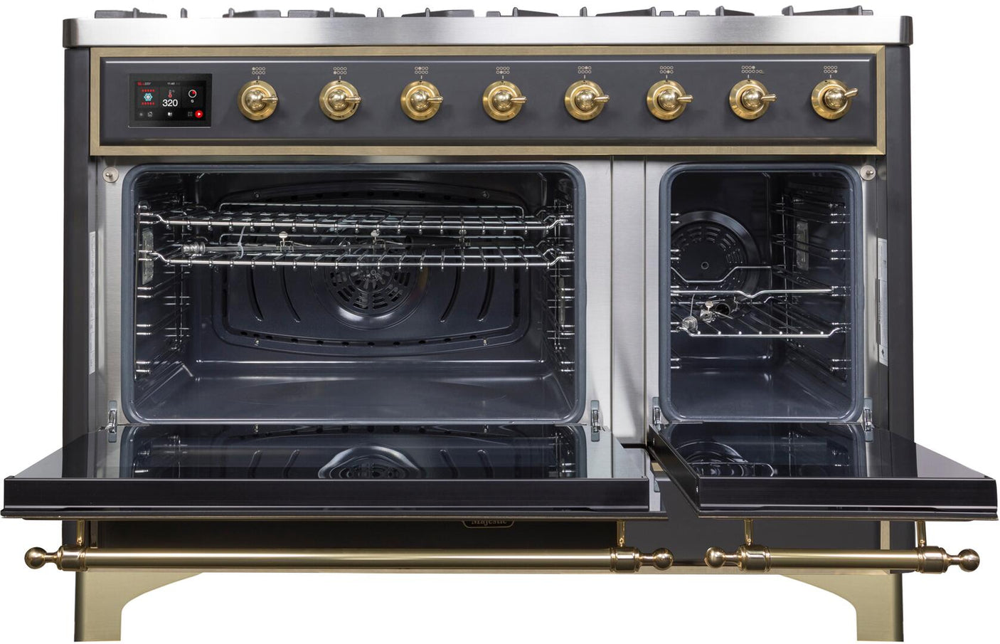 Majestic II 48 Inch Dual Fuel Natural Gas Freestanding Range in Matte Graphite with Brass Trim