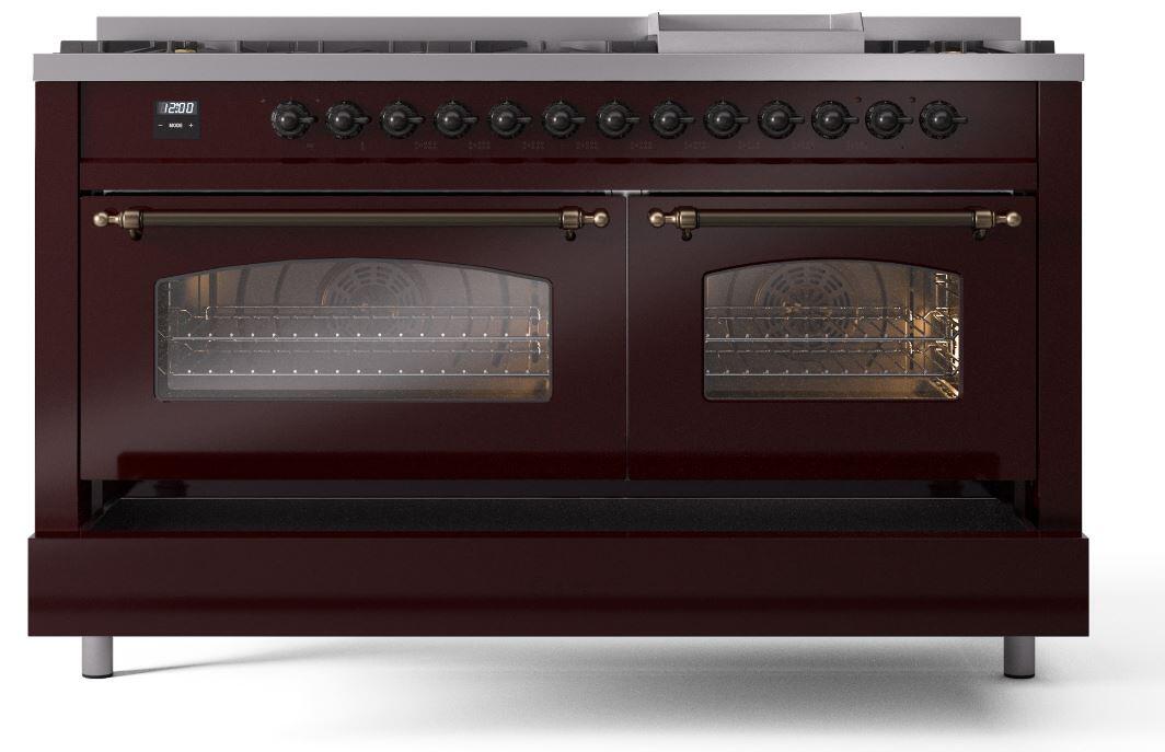 Nostalgie II 60 Inch Dual Fuel Liquid Propane Freestanding Range in Burgundy with Bronze Trim