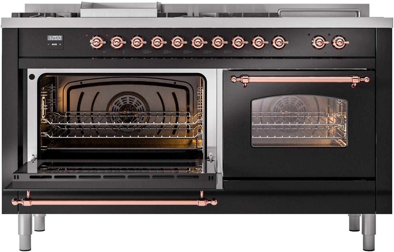 Nostalgie II 60 Inch Dual Fuel Liquid Propane Freestanding Range in Glossy Black with Copper Trim