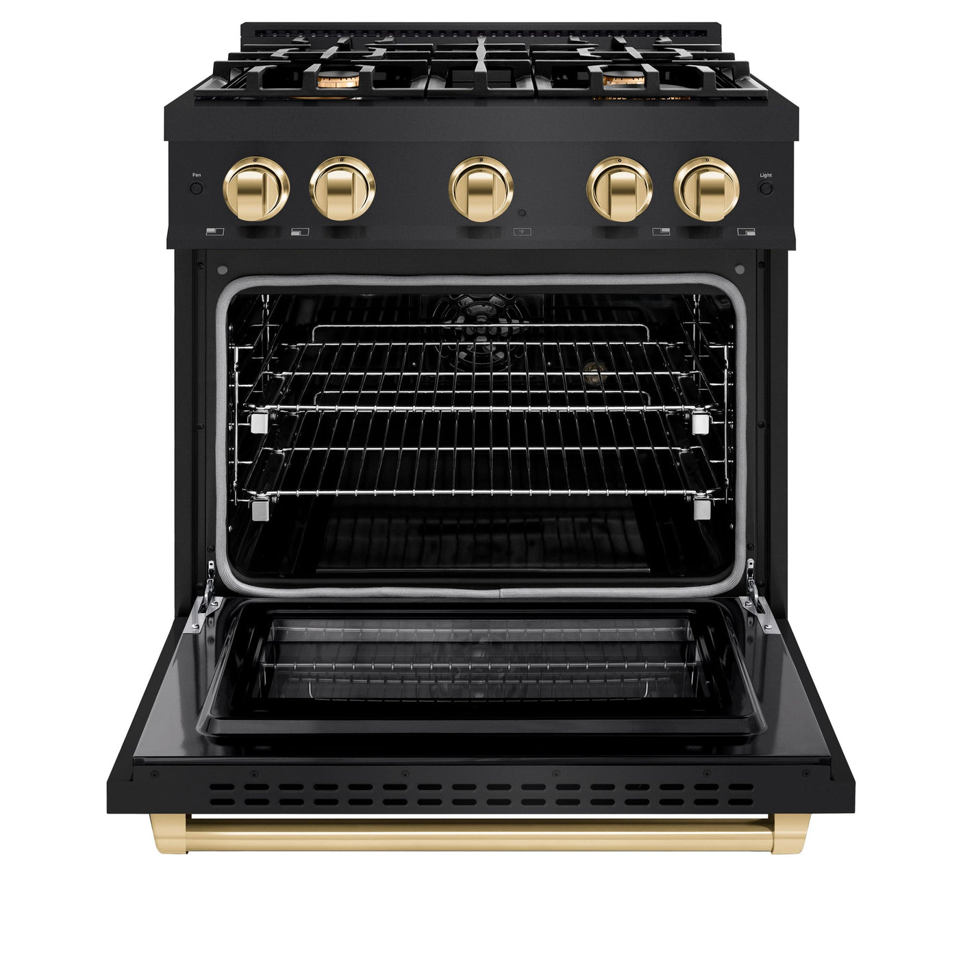 ZLINE Autograph Edition 30 in. 4.2 cu. ft. Select Gas Range with 4 Burner Cooktop and Convection Gas Oven in Black Stainless Steel and Polished Gold Accents (HGRBZ-30-G)