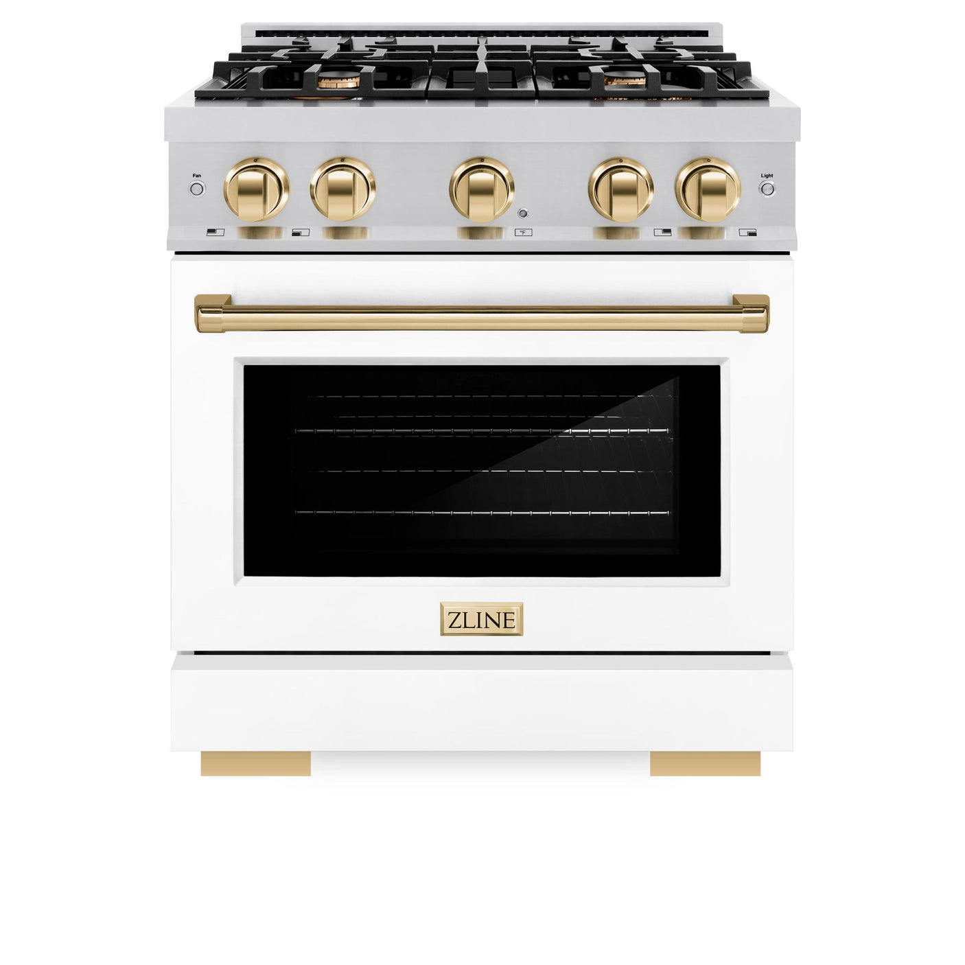 ZLINE Autograph Edition 30 in. 4.2 cu. ft. Select Gas Range with 4 Burner Cooktop and Convection Gas Oven in Stainless Steel with White Matte Door and Polished Gold Accents (HGRZ-WM-30-G)