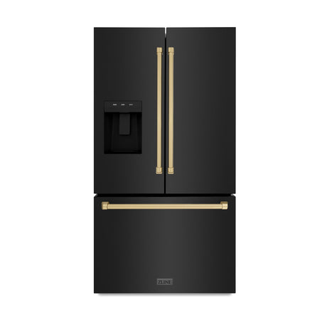 ZLINE Autograph Edition 36 in. 28.9 cu. ft. Standard-Depth French Door External Water Dispenser Refrigerator with Dual Ice Maker in Black Stainless Steel and Traditional Handles