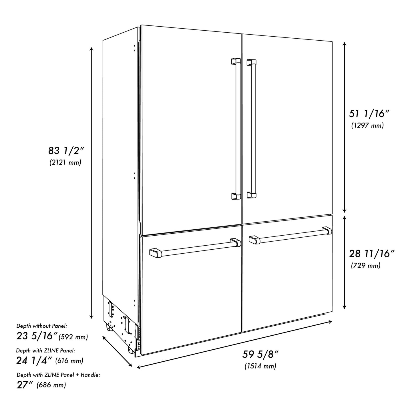 ZLINE 60" 32.2 cu. ft. Built-In 4-Door French Door Freezer Refrigerator with Internal Water and Ice Dispenser in Fingerprint Resistant Stainless Steel (RBIV-SN-60)