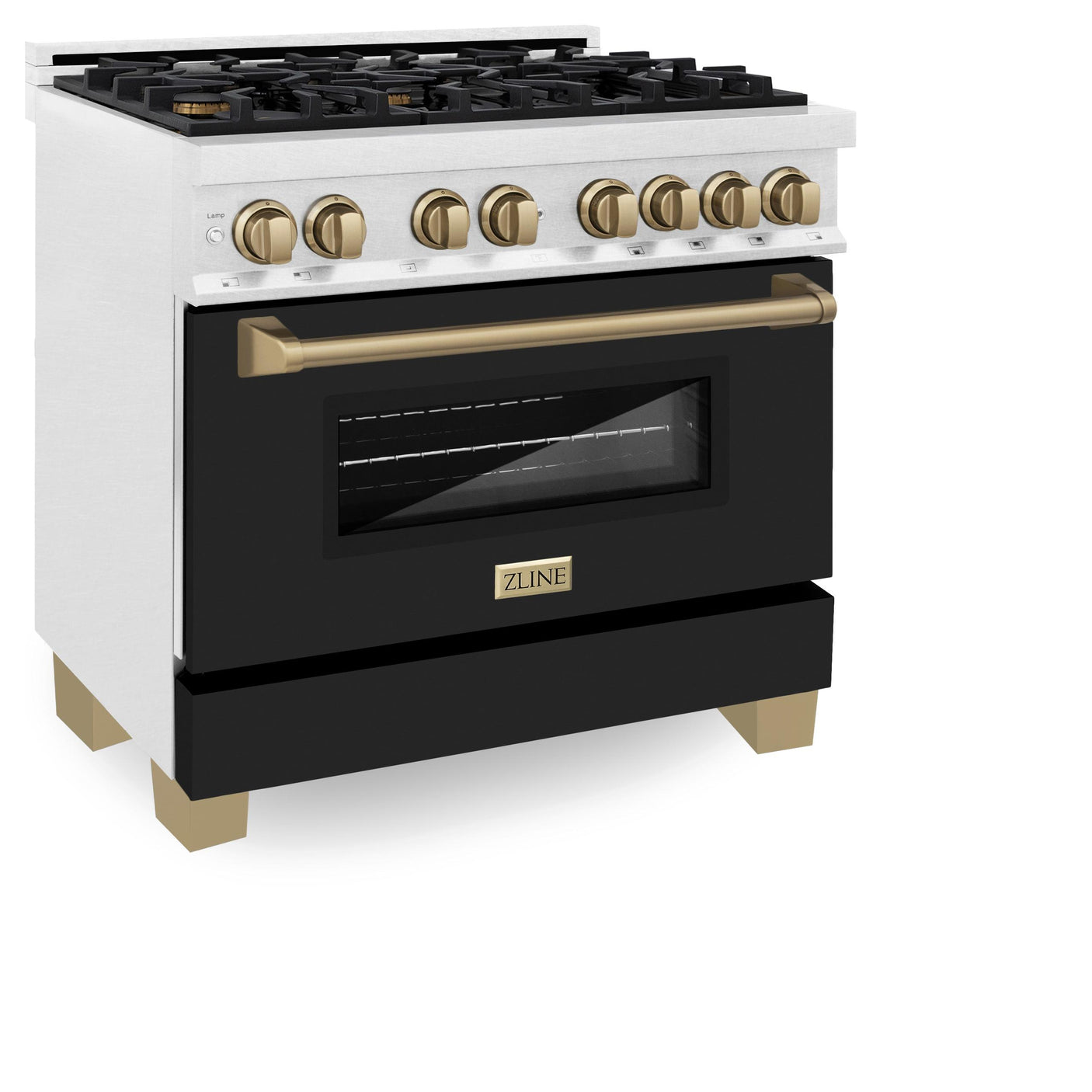 ZLINE Autograph Edition 36 in. 4.6 cu. ft. Dual Fuel Range with Gas Stove and Electric Oven in Fingerprint Resistant DuraSnow' Stainless Steel with Black Matte Door and Polished Gold Accents (RASZ-BLM-36-G)