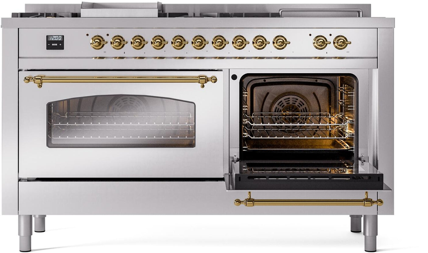 Nostalgie II 60 Inch Dual Fuel Liquid Propane Freestanding Range in Stainless Steel with Brass Trim