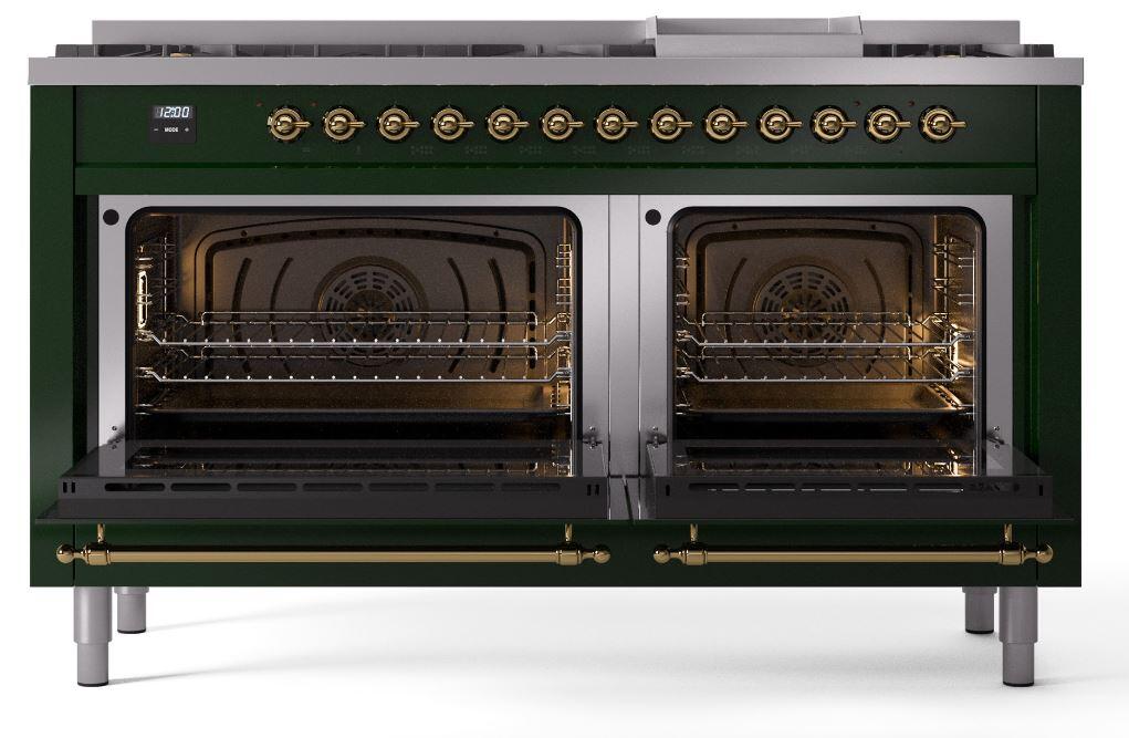 Nostalgie II 60 Inch Dual Fuel Natural Gas Freestanding Range in Emerald Green with Brass Trim