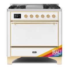 ILVE Majestic II 36 UM09FDQNS3RAG Freestanding Dual Fuel Range with 6 Sealed Burners Yes Single Oven with Solid Door in RAL Color with Brass knobs