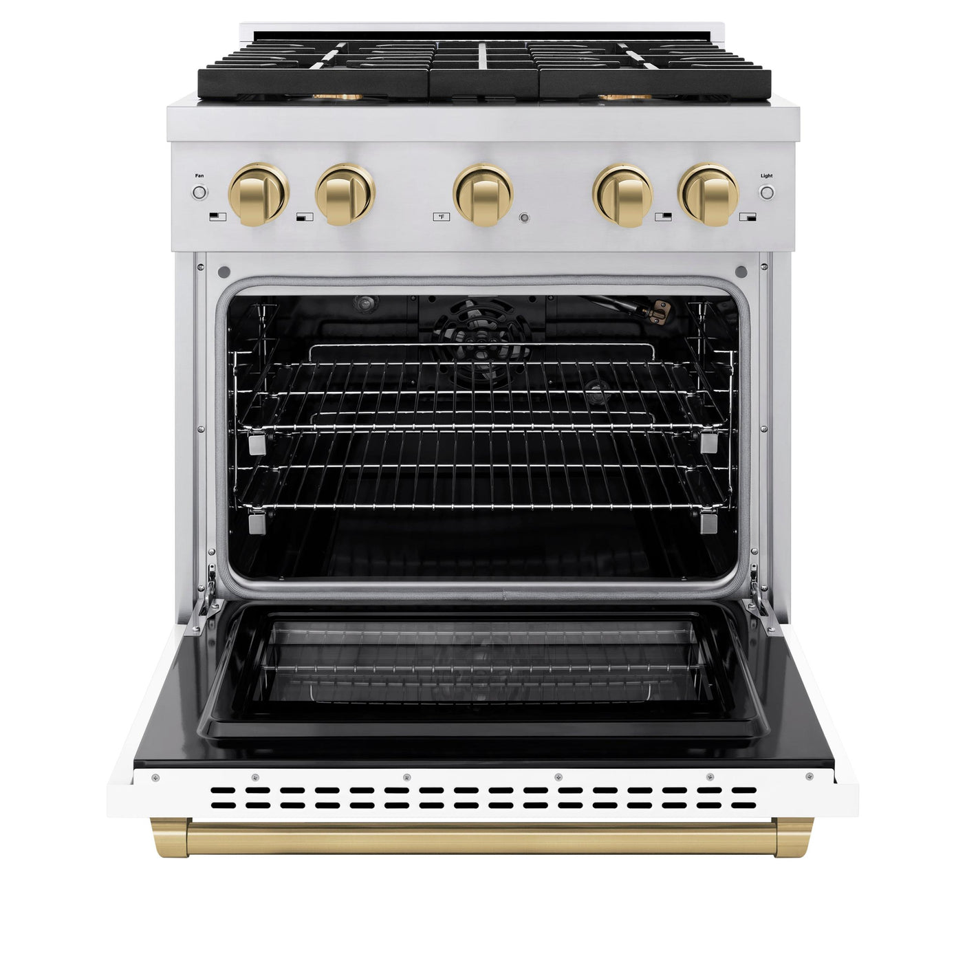 ZLINE Autograph Edition 30 in. 4.2 cu. ft. 4 Burner Gas Range with Convection Gas Oven in Stainless Steel with White Matte Door and Champagne Bronze Accents (SGRZ-WM-30-CB)